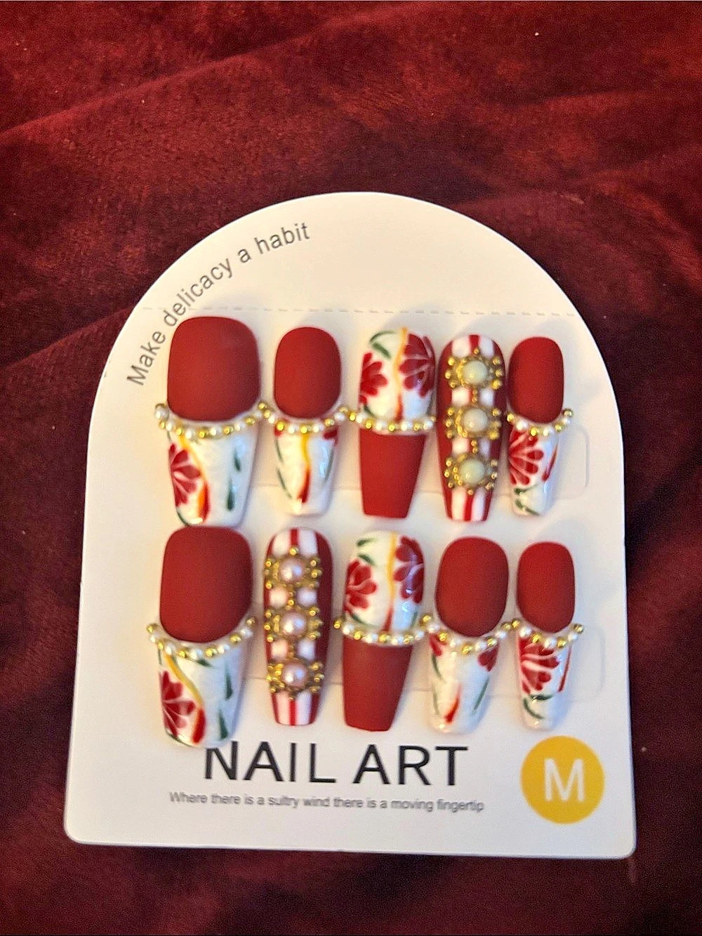 Floral Red & White Press-On Nails